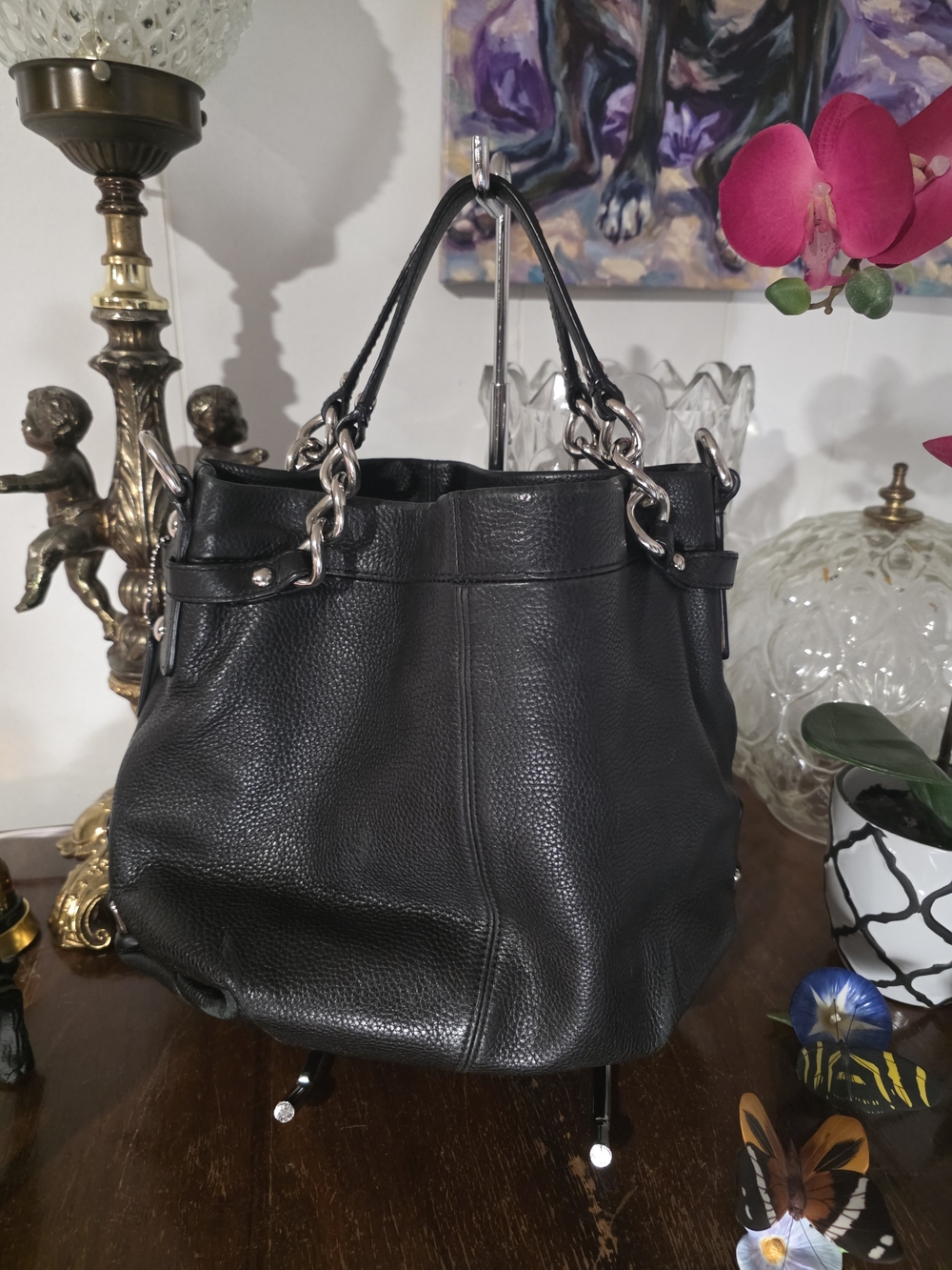 Coach Brook Black Leather Hobo Bag with Chain Accents - Picture 2 of 14